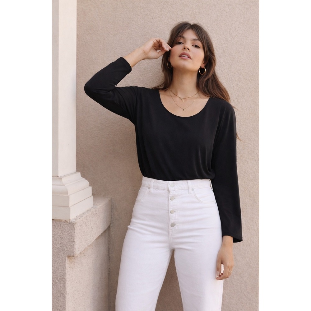 NWT Halston IV Blouse Petite Black Vintage 70s Quiana Nylon Disco‎ Minimalist